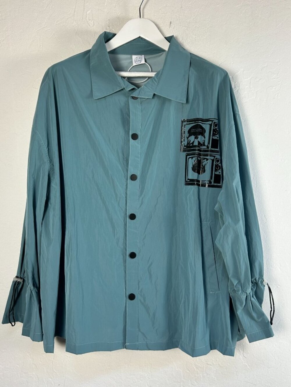 And Fishing Men Graphic Button-Up Shirt Teal Medium Drawstring Sleeve Pocket New